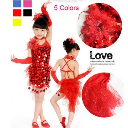 Turquoise red fuchsia yellow Cocktail Sequin Dance Costumes Samba Fitness Dress Latina Child Kids Girls Latin Dress